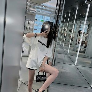 Loose hole print short-sleeved T-shirt top